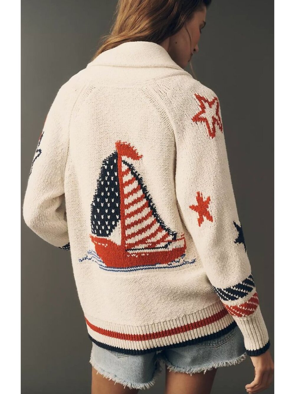 Anthropologie Maeve Sailboat Patriotic American Flag Knit Cardigan Size XXS